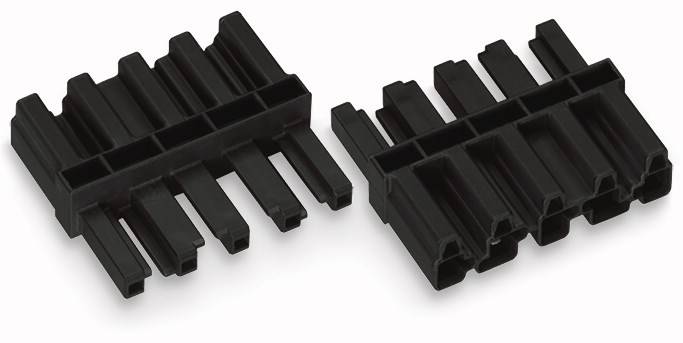 Zwei schwarze Steckverbinder mit mehreren Pins, die nebeneinander liegen. Sie sind für elektronische Verbindungen vorgesehen.