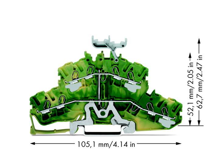 Grüner, komplexer Kabelverbinder mit Metallkomponenten und Maße: 105,1 mm Breite, 52,1 mm Höhe links, 62,7 mm Höhe rechts.