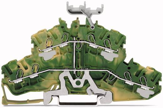 Ein Querschnitt eines grünen Klemmenblocks, der die interne Metallstruktur und Anschlüsse zeigt. Geeignet für technische Illustrationen.