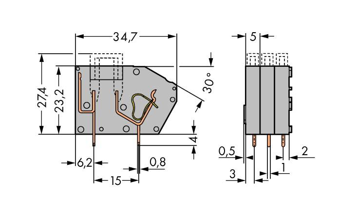 Technische Zeichnung eines elektronischen Bauteils mit Maßen: 34,7 mm x 27,4 mm. Details wie Pinanordnung und Bohrmaße sind angegeben.