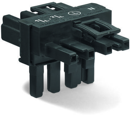 Schwarze elektrische Steckverbindung mit mehreren Kontakten, geeignet für industrielle Anwendungen, auf weißem Hintergrund.