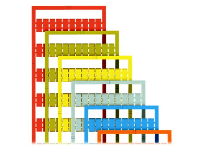 Sechs bunte Rechtecke in absteigender Größe, angeordnet von hinten nach vorne: rot, grün, gelb, hellblau, gelb und blau.