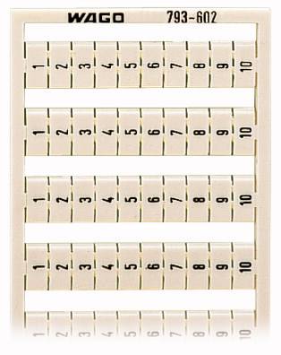 Ein Set von nummerierten Kabelmarkierungen von 1 bis 10, hergestellt von WAGO, zur Kennzeichnung von elektrischen Verbindungen.