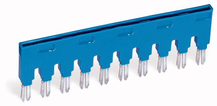 Elektrische Jumper-Brücke in Blau mit mehreren Pins zum Verbinden von Schaltkreisen in elektronischen Geräten.