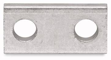 Metallplatte mit zwei runden Löchern nebeneinander, möglicherweise für Verbindungs- oder Befestigungszwecke.