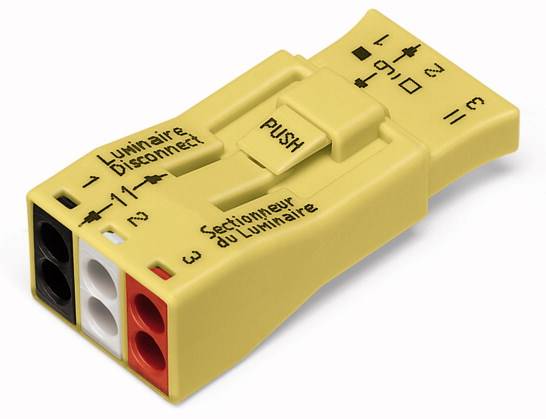 Gelbes elektrisches Steckverbindungsmodul mit der Aufschrift 'Luminaire Disconnect', drei farbige Buchsen und Beschriftungen.