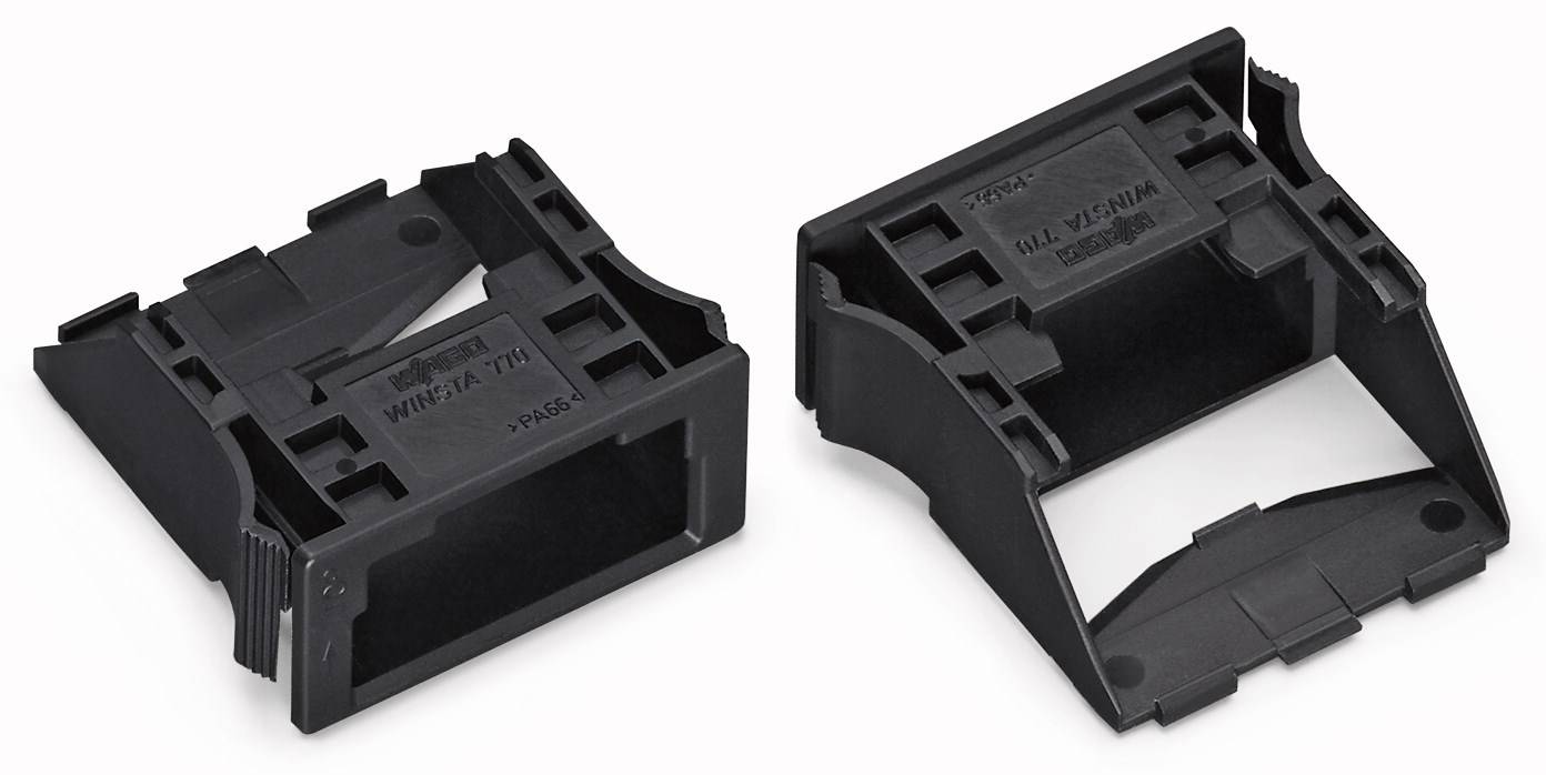 Zwei schwarze Kunststoff-Clips, nebeneinander liegend, zeigen eine Öffnung und technische Details auf der Oberfläche.