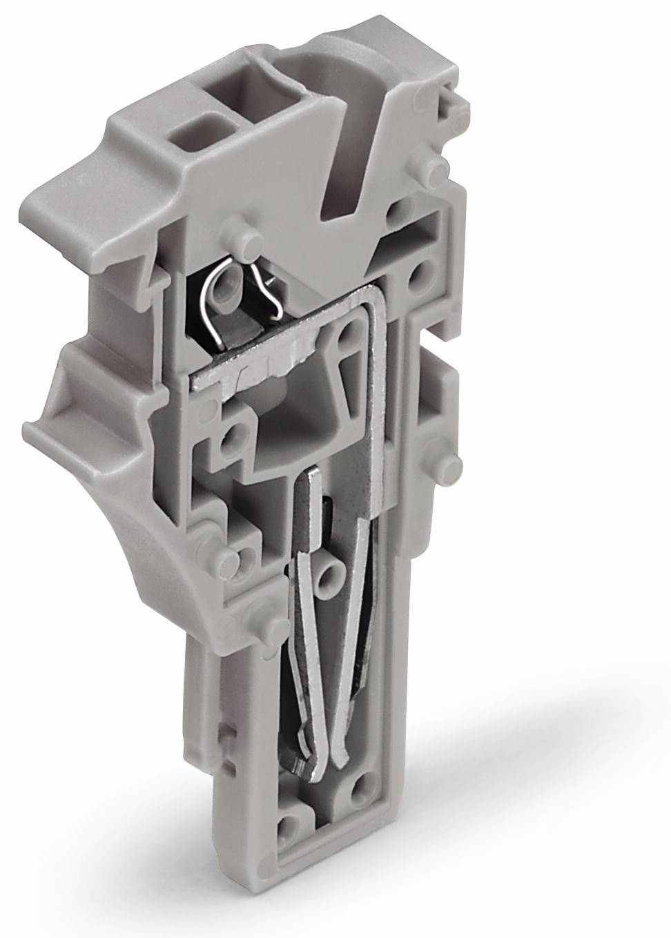 Ein grauer elektrische Klemmenblock aus Kunststoff, gezeigt aus seitlicher Perspektive mit sichtbarer interner Metallkonstruktion.