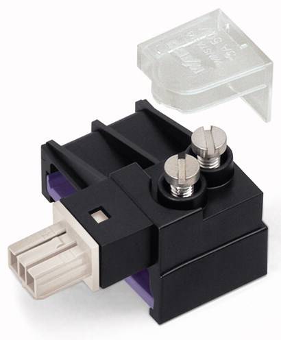 Schwarzer und weißer elektrischer Anschlussblock mit zwei Schrauben, ein transparenter Abdeckschutz schwebt darüber.