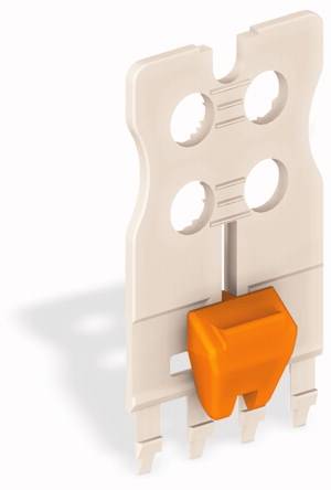 Isolierklemme mit quadratischem Lochmuster und integriertem orangem Hebel, der das Einsetzen erleichtert.
