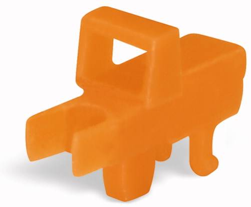 Ein orangefarbener Kunststoffblock in Form eines stilisierten Tieres oder Spielzeugs mit vier Beinen und einem Griff auf dem Rücken.