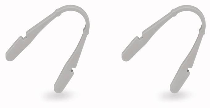 Zwei graue Kunststoff-Clips, die wie offene Klammern geformt sind, liegen parallel nebeneinander vor einem weißen Hintergrund.