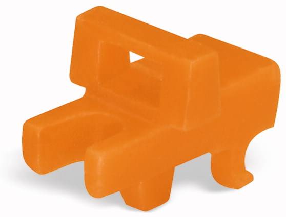 Ein orangefarbenes Kunststoffteil mit Rechtecköffnung und zwei abstehenden Armen, möglicherweise ein technisches Verbindungselement.