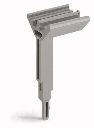 Ein silberfarbenes Metallteil mit einer L-Form, das vertikal steht. Oben befinden sich parallel verlaufende Rillen.