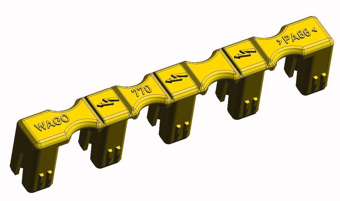 Gelbes elektrisches Verbindungselement mit fünf Anschlüssen, beschriftet mit 'WAGO', '770' und 'PA66'.
