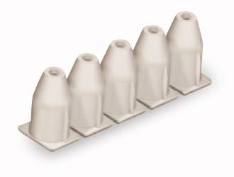 Fünf weiße kegelförmige Objekte nebeneinander auf einer rechteckigen Basis, möglicherweise eine Halterung oder Dichtung.