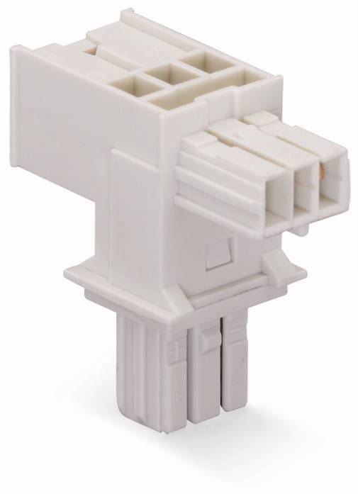Ein weißer, rechtwinkliger Kunststoffstecker mit mehreren Anschlüssen und Steckverbindungen.