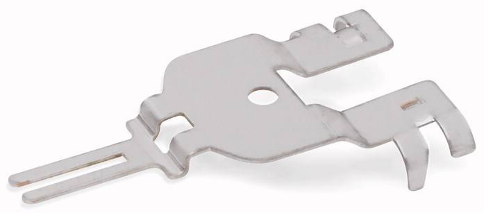 Ein silbernes Metallstück mit einer flachen, verzweigten Form und einem zentralen Loch. Möglicherweise ein elektrischer Anschluss.