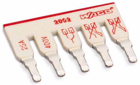 Fünfpolige WAGO-Brückerkomponente, beschriftet mit '25A 400V' und Symbolen, die elektrische Verbindungen zeigen.