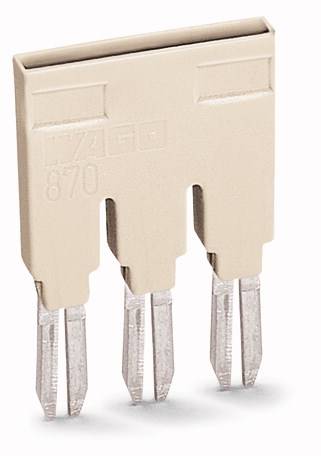 Ein beiger Steckbrückenverbinder mit drei Metallkontakten für Elektroverbindungen in einem Schaltschrank.