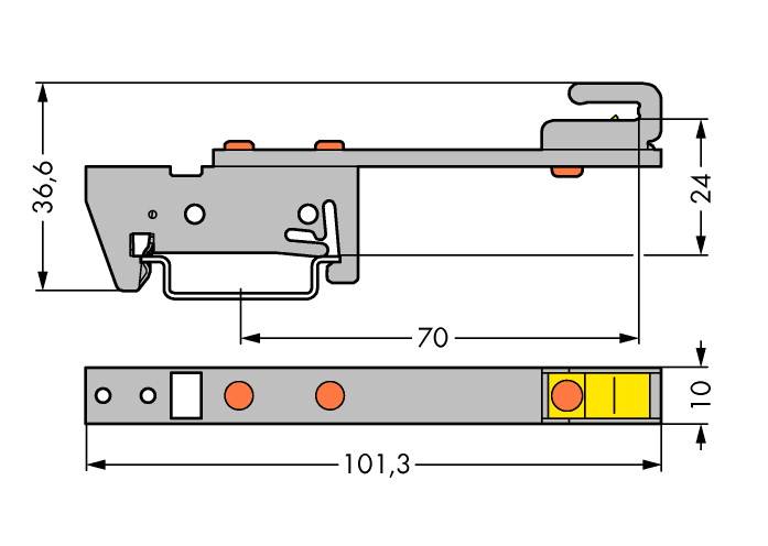 Technische Zeichnung eines Metallbeschlags mit Abmessungen. Oben: 36,6 x 70 mm. Unten: 101,3 x 10 mm. Markiert: orange und gelb.