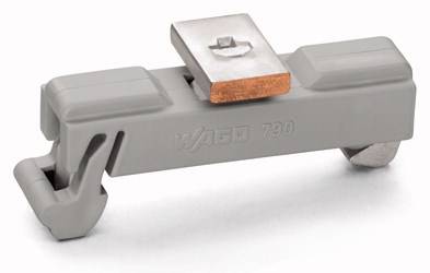 Grauer Wago-Montagesockel mit Befestigungsplatte, verwendet zur sicheren Montage und Verbindung elektrischer Komponenten.