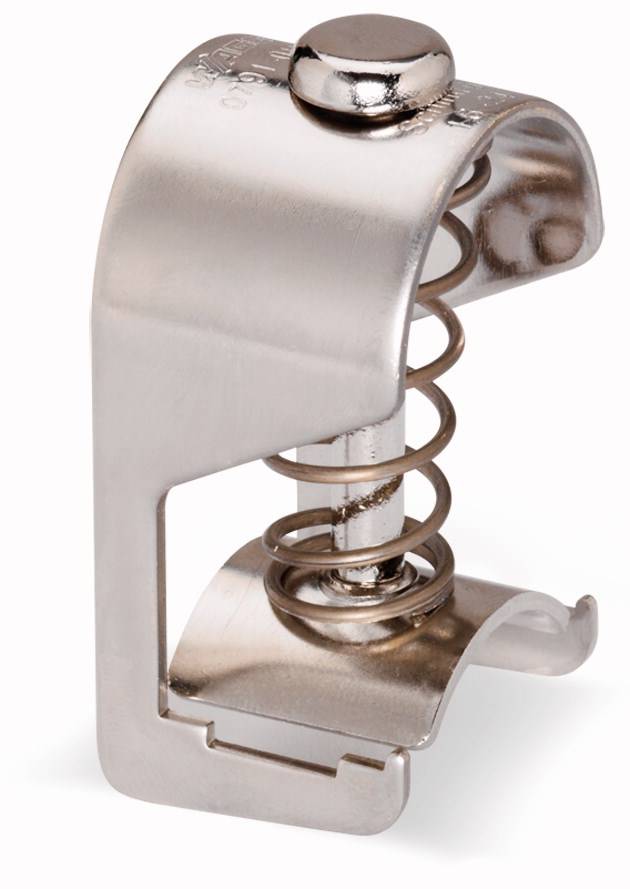 Metallklammer mit Feder und Schraube, möglicherweise Teil eines mechanischen Halte- oder Befestigungssystems.