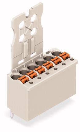 Elektronische Steckklemme mit fünf Anschlüssen und orangefarbenen Hebeln, verwendet zum Verbinden von elektrischen Leitern.