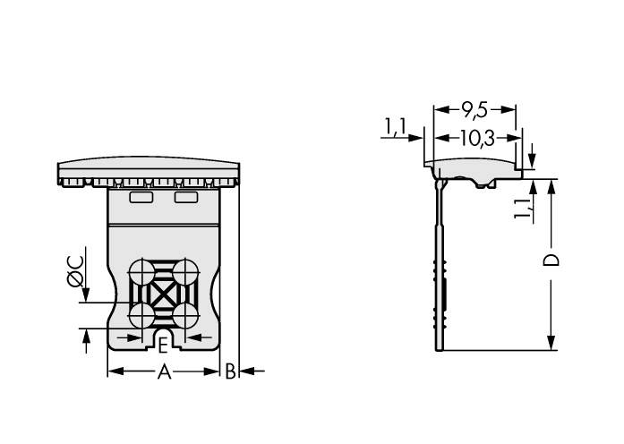 Technische Zeichnung eines Bauteils mit seitlichen und frontalen Ansichten. Maße: Durchmesser C, Breite A und B, Höhen 11, 10,3 und 9,5.