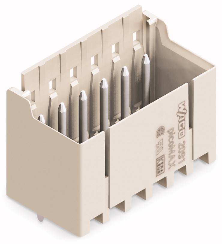 Steckverbinder mit mehreren metallischen Kontaktstiften in einem rechteckigen Kunststoffgehäuse, geeignet für elektrische Verbindungen.