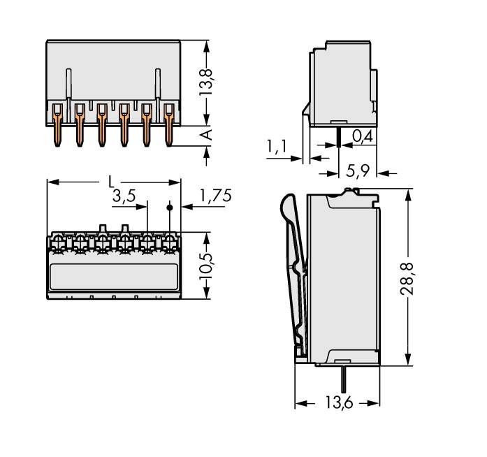 WAGO Stiftgehäuse-Platine 2091 Polzahl Gesamt 6 Rastermaß: 3.50 mm 2091-1306 100 St.