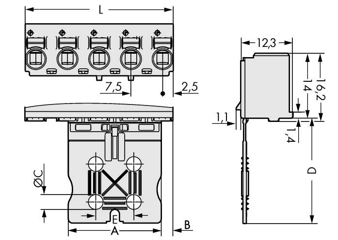 Technische Zeichnung eines Steckverbinders mit Maßangaben. Zeigt Vorder- und Seitenansicht mit Details zu Länge, Breite und Höhe.