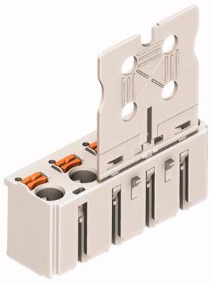Steckverbinder in Weiß mit vier Kontakten und einer herausragenden Platte zur elektrischen Verbindung und Sicherung.