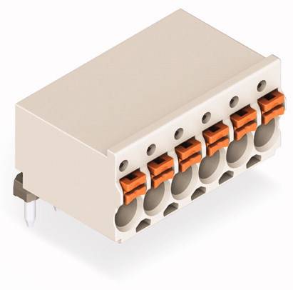 Elektrischer Steckverbinder mit fünf orangefarbenen Hebeln zur einfachen Verdrahtung. Geeignet für Leiterplattenmontage.