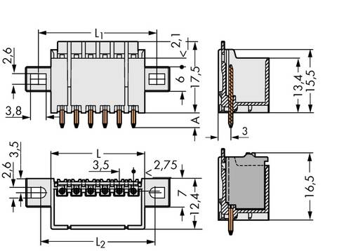WAGO Stiftgehäuse-Platine 2091 Polzahl Gesamt 6 Rastermaß: 3.50 mm 2091-1406/005-000 100 St.