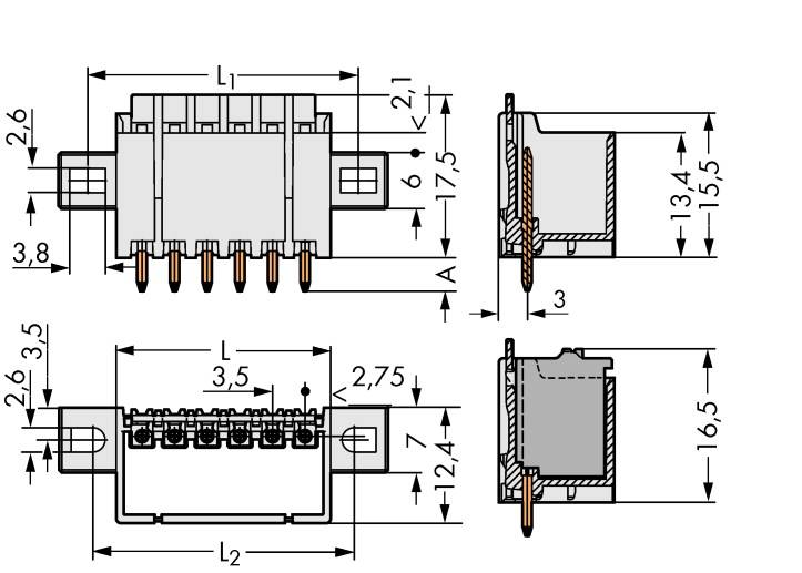 Linealzeichnung eines Steckverbinders mit Maßen in Millimetern, zeigt Oberansicht, Seitenansicht und Vorderansicht mit spezifischen Abständen.