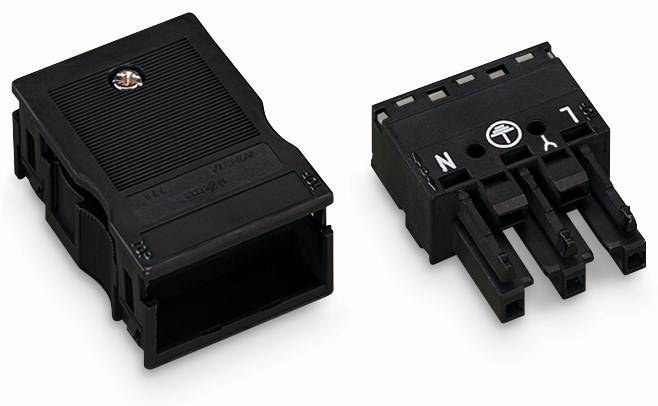 Zwei schwarze, rechteckige elektrische Steckverbinder, linkes geschlossen, rechtes offen mit Buchstaben 'N' und 'L' sowie einem Erdungssymbol.