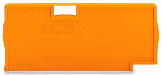 Orangefarbene Kunststoffabdeckung mit rechteckiger Form und kleiner Aussparung oben, Marke 'WAGO 2004' eingeprägt.