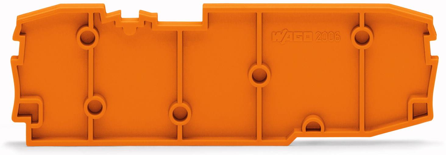 Oranges Kunststoffgehäuse mit mehreren Befestigungslöchern, möglicherweise ein Teil für Elektrotechnik oder Montage. Aufschrift: 'WAGO'.