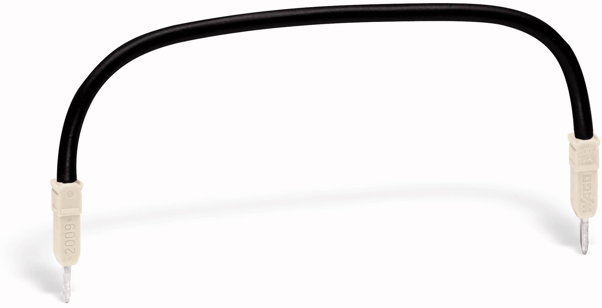 Schwarzes U-förmiges Kabel mit zwei Steckern an den Enden, verwendet zur Verbindung elektrischer Komponenten.