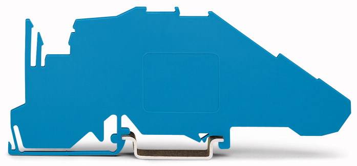 Blaues, flaches Kunststoffteil in mechanischer Form, möglicherweise ein Bauteil oder Werkzeugadapter, auf weißem Hintergrund.