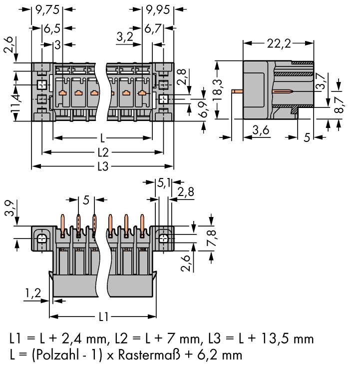 Technische Zeichnung eines Steckverbinders mit Bemaßungen und Formeln zur Berechnung der Längen L1, L2 und L3.