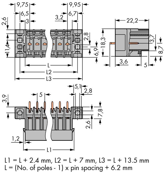 WAGO Buchsengehäuse-Platine 769 Polzahl Gesamt 6 Rastermaß: 5mm 769-636/003-000 25St.