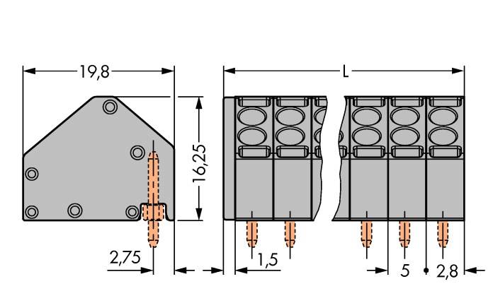 Technische Zeichnung eines Steckverbinders mit genauen Maßen: Breite 19,8 mm, Höhe 16,25 mm, Abstand zwischen Anschlüssen 2,75 mm.