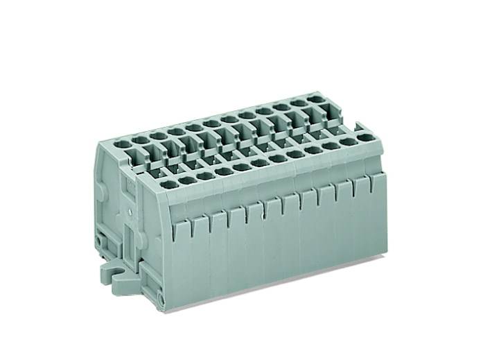 Graue, rechteckige elektrische Anschlussklemme mit mehreren Anschlussöffnungen, zur sicheren Verbindung von Drähten in elektrischen Schaltschränken.