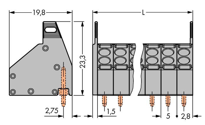 Technische Zeichnung eines Steckverbinders mit Abmessungen: Breite 19,8 mm, Höhe 23,3 mm. Weitere Maße: 2,75 mm, 1,5 mm, 5 mm, 2,8 mm.