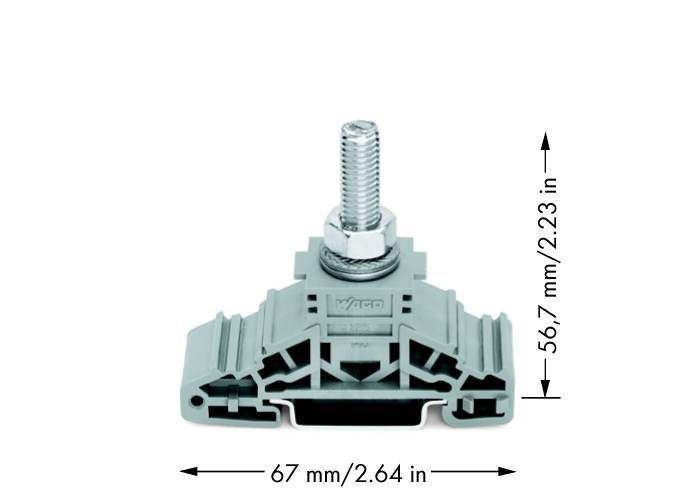 Graues Kunststoffteil mit zentraler Metallschraube, umgeben von Messangaben: Breite 67 mm (2,64 in), Höhe 56,7 mm (2,23 in).