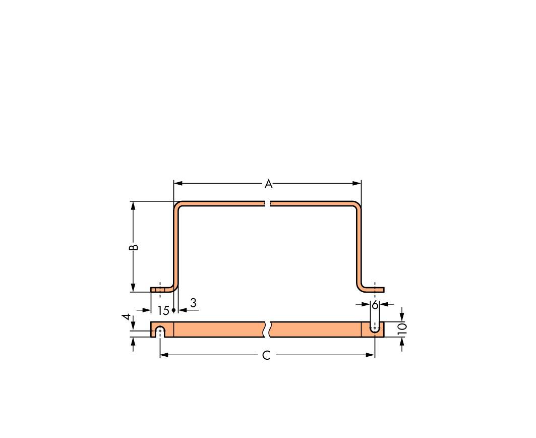 Technische Zeichnung eines C-förmigen Metallprofils mit Abmessungen: Breite oben 'A', Höhe 'B', Breite unten 'C'. Maßeinteilungen in Millimetern.