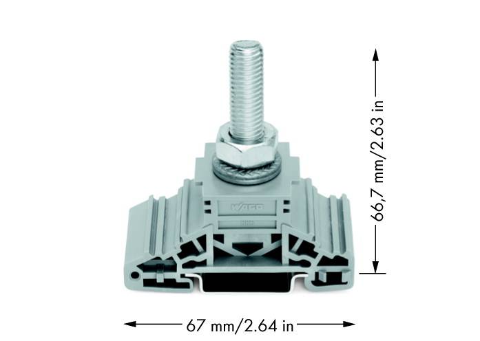 Kabeleinführung mit Schraube und Mutter, Höhe 66,7 mm, Breite 67 mm, angegeben in Millimetern und Zoll.