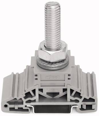 Graue Klemme mit integriertem Bolzen und Mutter, geeignet für elektrische Verbindungen auf Hutschienen, zeigt Funktionsteile und Konstruktion.